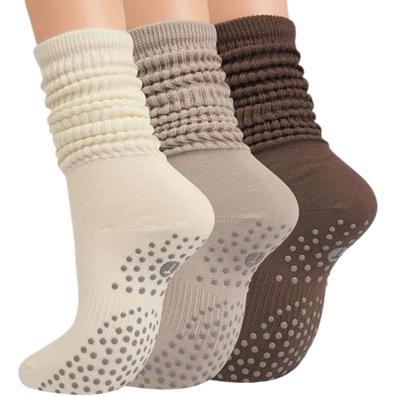 Pilates Socks with Grips for Women, Yoga Barre Slouch Socks 3 Pairs Long,Non Slip